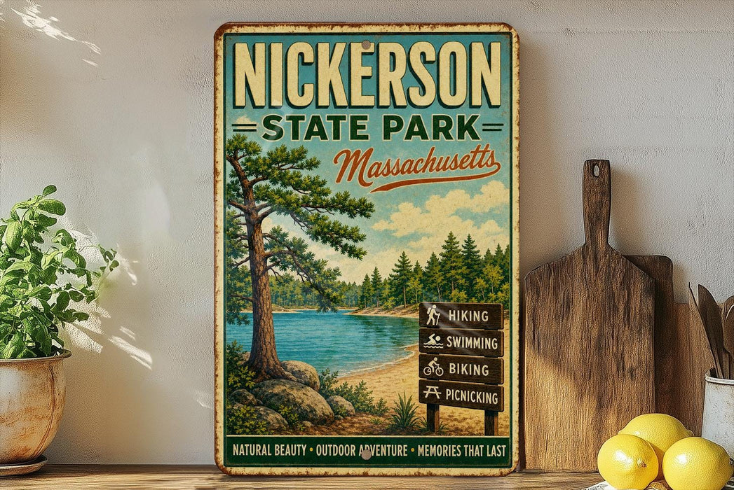 A vintage-style metal sign for Nickerson State Park in Massachusetts, featuring a scenic landscape with a lake, pine trees, and a sign indicating various outdoor activities available at the park.