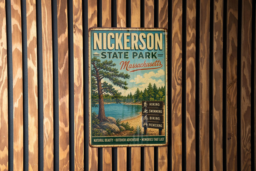 A vintage-style metal sign for Nickerson State Park in Massachusetts, featuring a scenic landscape with a lake, pine trees, and a sign indicating various activities available at the park.