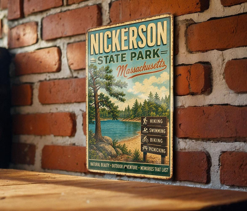 A vintage-style metal sign for Nickerson State Park in Massachusetts, featuring a scenic landscape with a lake, trees, and mountains.
