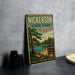 A vintage-style metal sign for Nickerson State Park in Massachusetts, featuring a scenic illustration of a lake and pine trees.