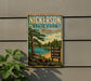 A vintage-style metal sign for Nickerson State Park in Massachusetts, featuring a scenic landscape with a lake, pine trees, and a trail sign.