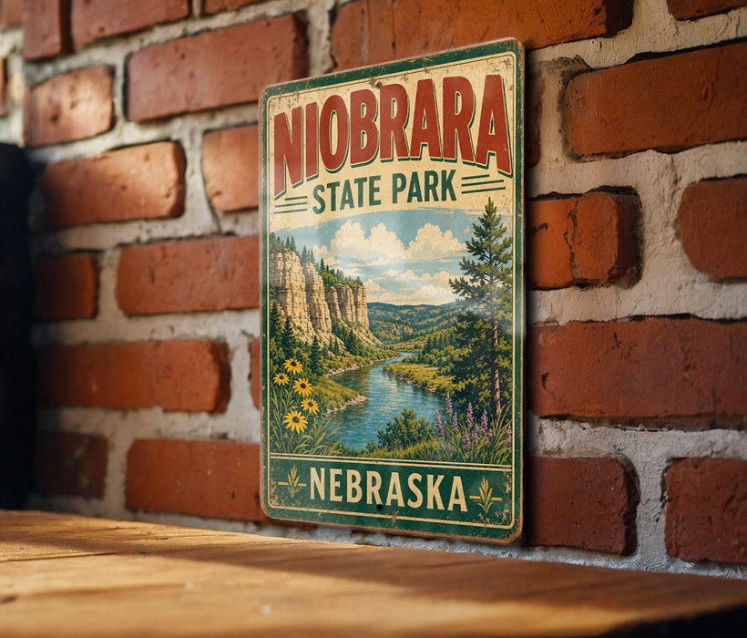 A vintage-style metal sign for Niobrara State Park in Nebraska, featuring a scenic landscape with a river, mountains, and wildflowers.
