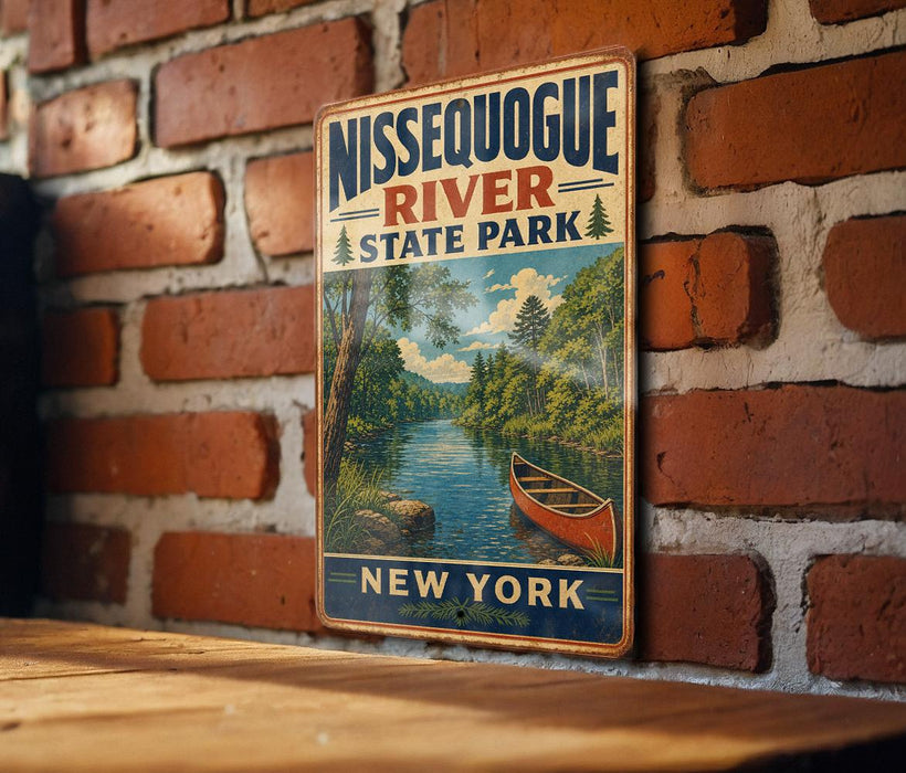 A vintage-style metal sign for Nissequogue River State Park in New York, featuring a scenic illustration of a river and forest landscape.