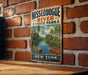 A vintage-style metal sign for Nissequogue River State Park in New York, featuring a scenic illustration of a river and forest landscape.
