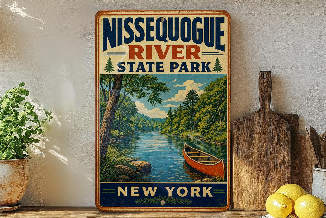 A vintage-style sign for Nissequogue River State Park in New York, featuring a scenic illustration of a river surrounded by lush greenery and a canoe.