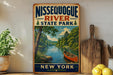 A vintage-style sign for Nissequogue River State Park in New York, featuring a scenic illustration of a river surrounded by lush greenery and a canoe.