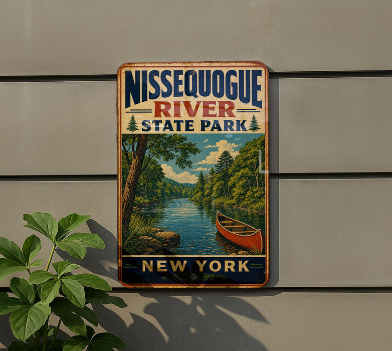A vintage-style sign for Nissequogue River State Park in New York, featuring a scenic image of a canoe on the river.