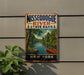 A vintage-style sign for Nissequogue River State Park in New York, featuring a scenic image of a canoe on the river.