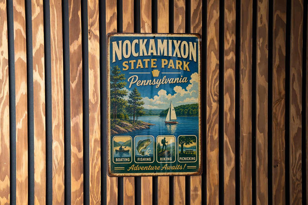A vintage metal sign for Nockamixon State Park in Pennsylvania, featuring a scenic image of a lake with a sailboat, surrounded by trees and mountains.