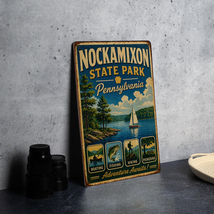 A vintage-style metal sign for Nockamixon State Park in Pennsylvania, featuring illustrations of various outdoor activities such as boating, fishing, hiking, and picnicking.