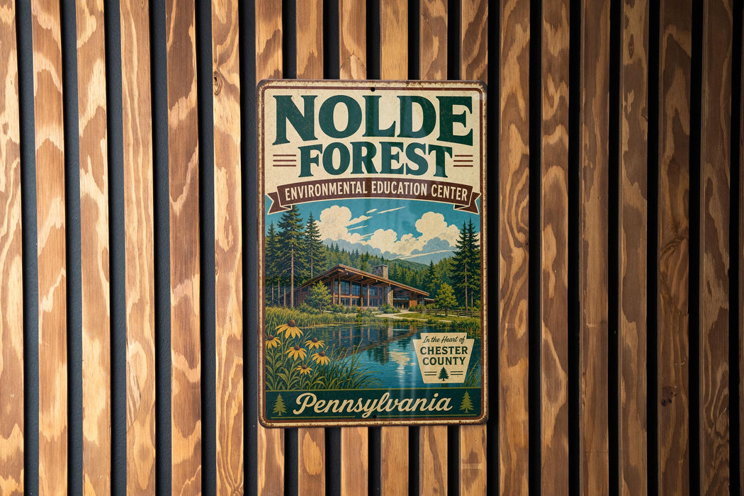 A vintage-style metal sign for the Nolde Forest Environmental Education Center in Pennsylvania, featuring a scenic image of a cabin surrounded by nature.