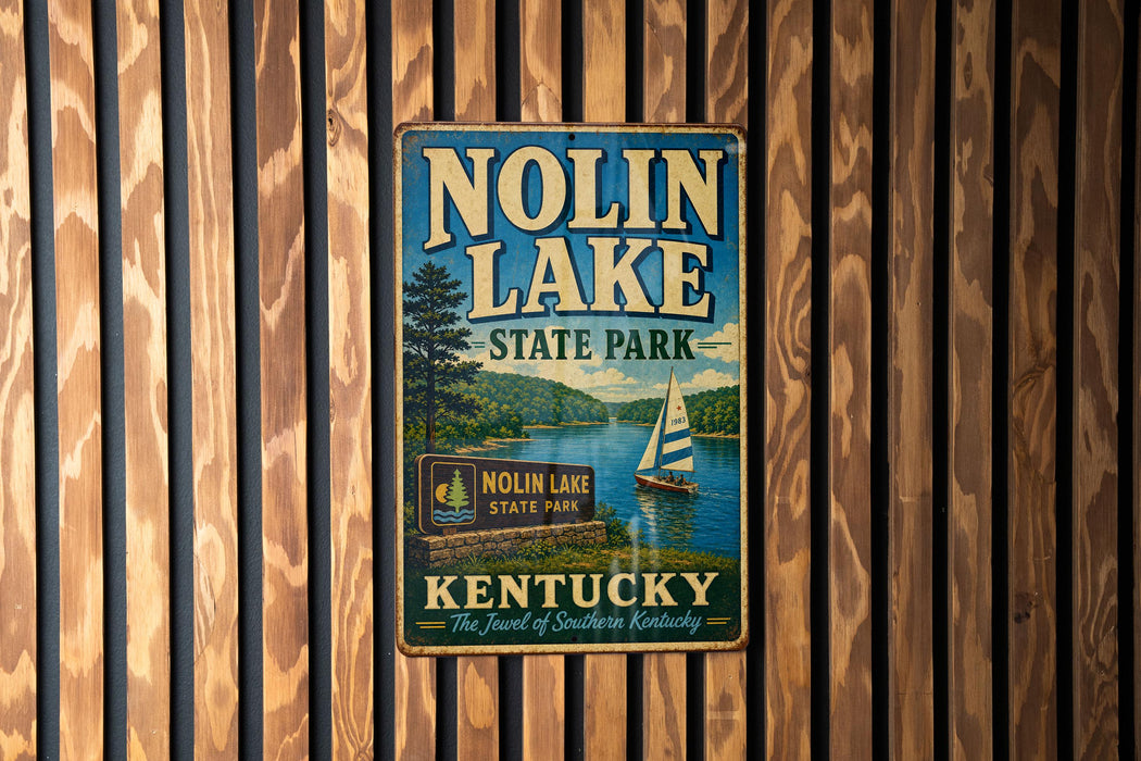A vintage metal sign for Nolin Lake State Park in Kentucky, featuring a scenic image of the lake and a sailboat.