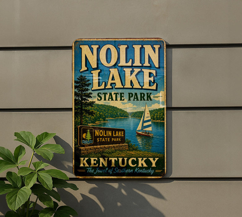 A vintage-style sign for Nolin Lake State Park in Kentucky, featuring a sailboat on the lake and a scenic landscape.