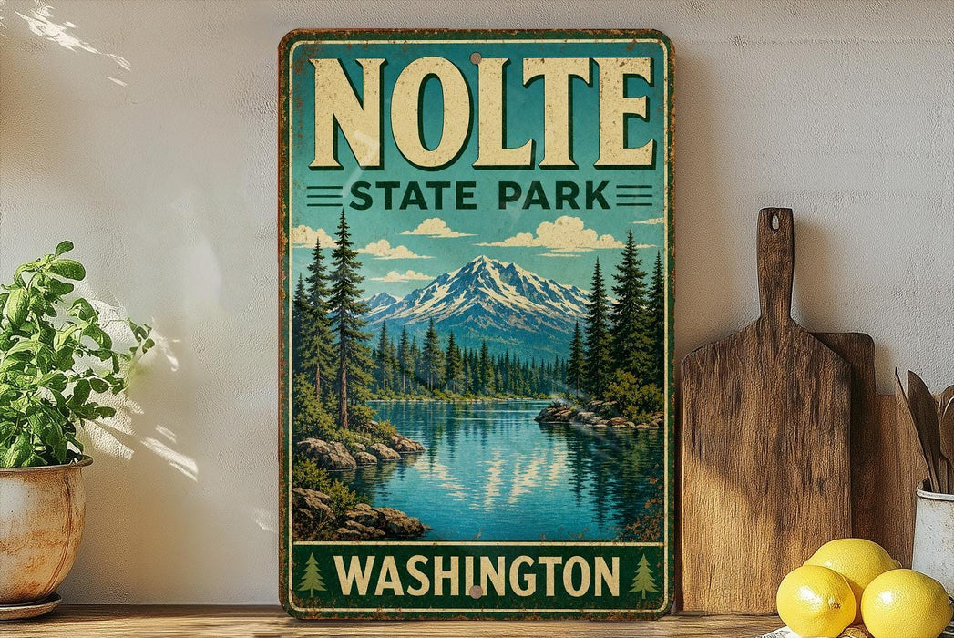 A vintage-style sign for Nolte State Park in Washington, featuring a scenic mountain landscape with a lake and pine trees.