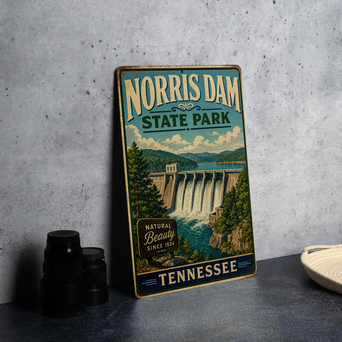 A vintage-style sign for the Norris Dam State Park in Tennessee, featuring a scenic illustration of the dam and surrounding landscape.