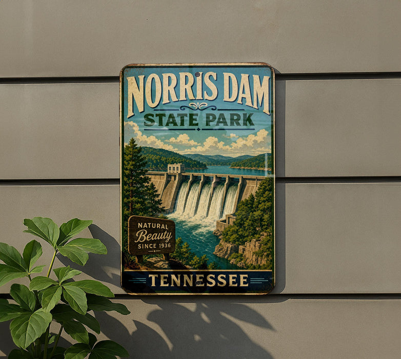 A vintage-style sign for Norris Dam State Park in Tennessee, featuring a scenic image of the dam and surrounding landscape.