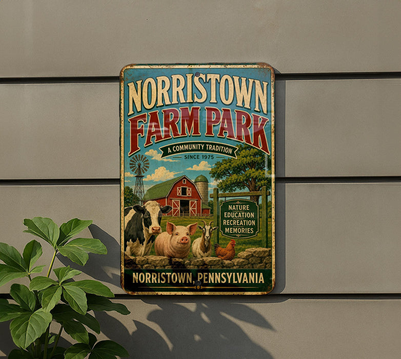A vintage metal sign for Norristown Farm Park, featuring illustrations of farm animals and a barn, mounted on a wall.