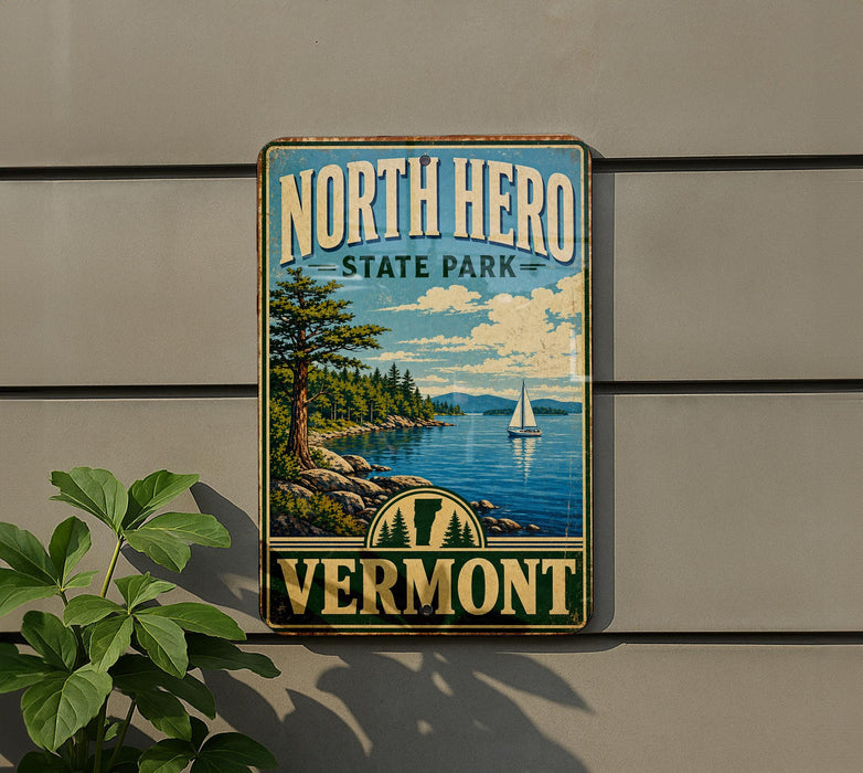 A vintage-style metal sign for North Hero State Park in Vermont, featuring a scenic landscape with a sailboat on the water.