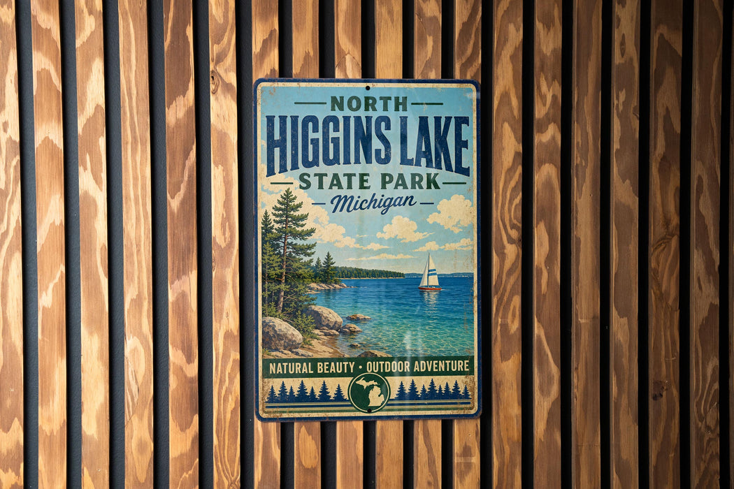 A vintage-style metal sign for North Higgins Lake State Park in Michigan, featuring a scenic image of the lake and surrounding landscape.