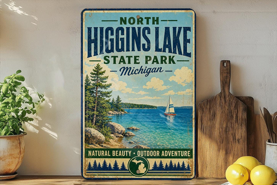 A vintage-style metal sign for North Higgins Lake State Park in Michigan, featuring a scenic image of a lake with a sailboat and pine trees.