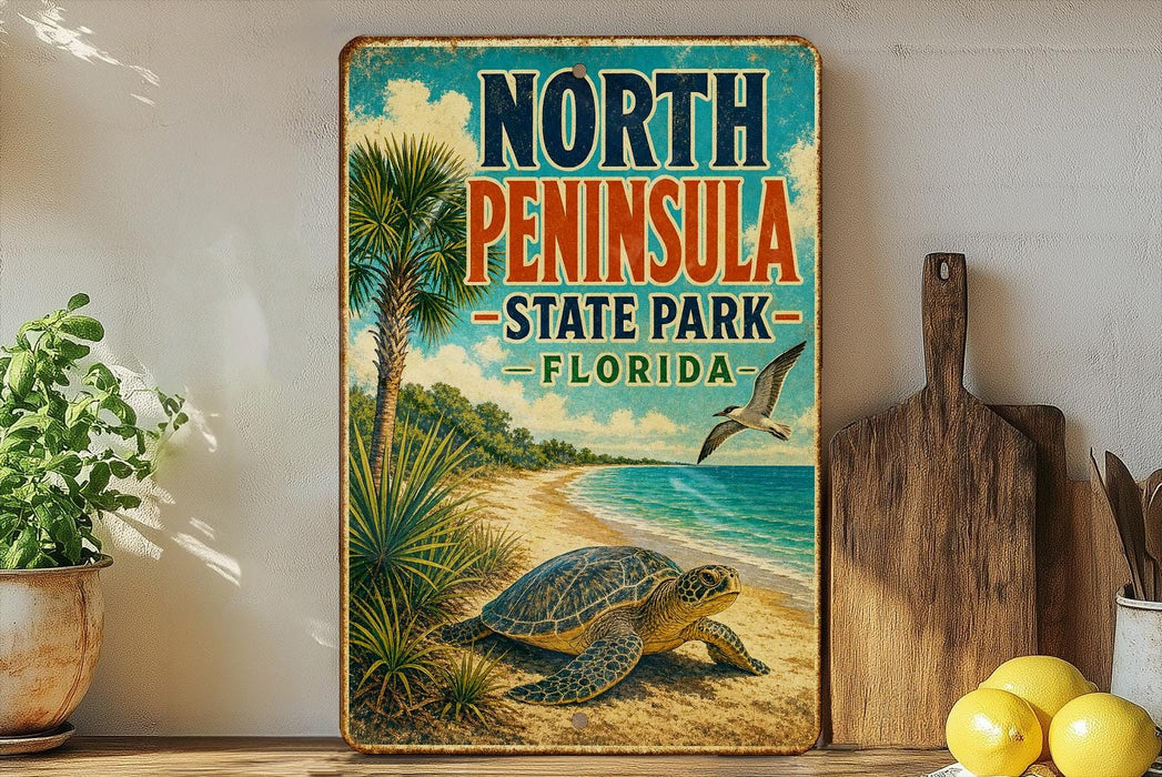 A vintage-style sign for North Peninsula State Park in Florida, featuring a beach scene with a turtle and palm trees.