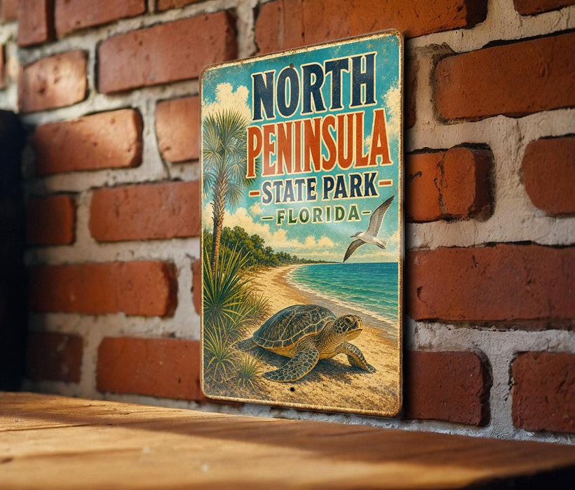 A vintage-style sign for North Peninsula State Park in Florida, featuring a beach scene with a turtle and palm trees.