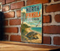 A vintage-style sign for North Peninsula State Park in Florida, featuring a beach scene with a turtle and palm trees.