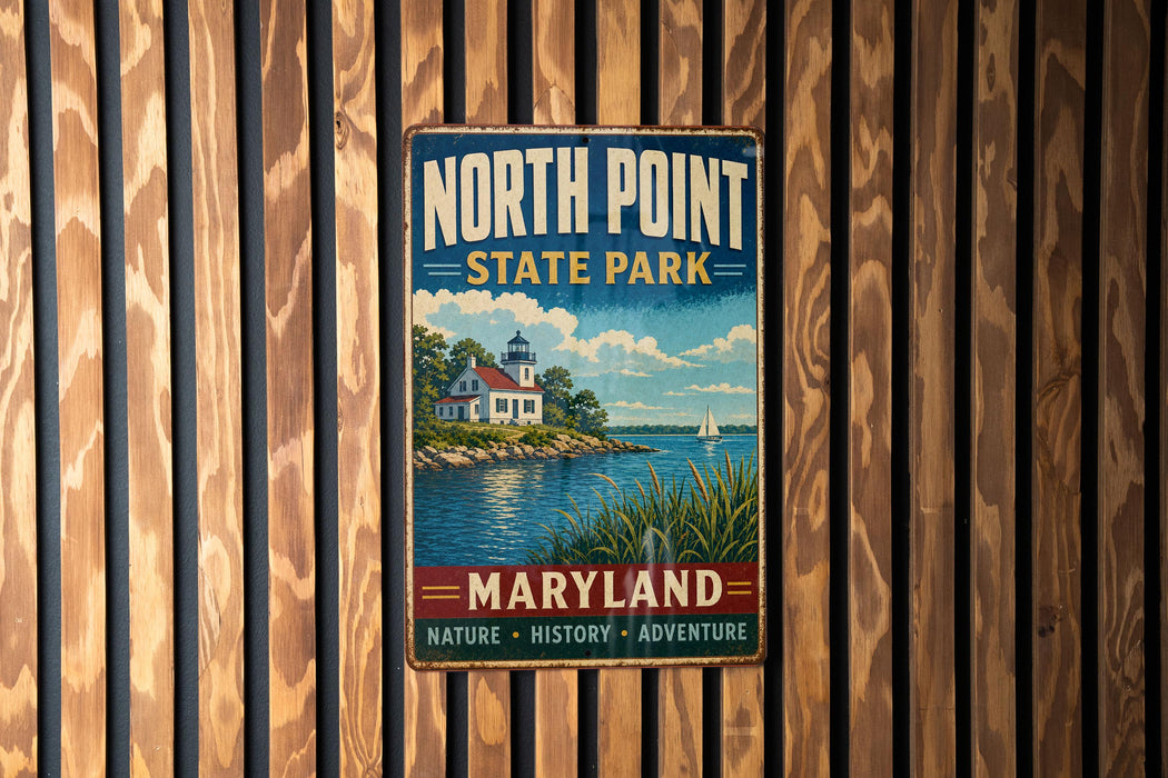 A vintage metal sign for North Point State Park in Maryland, featuring a lighthouse and a serene body of water.