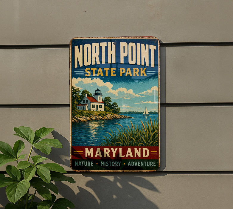 A vintage metal sign for North Point State Park in Maryland, featuring a lighthouse and a seascape.