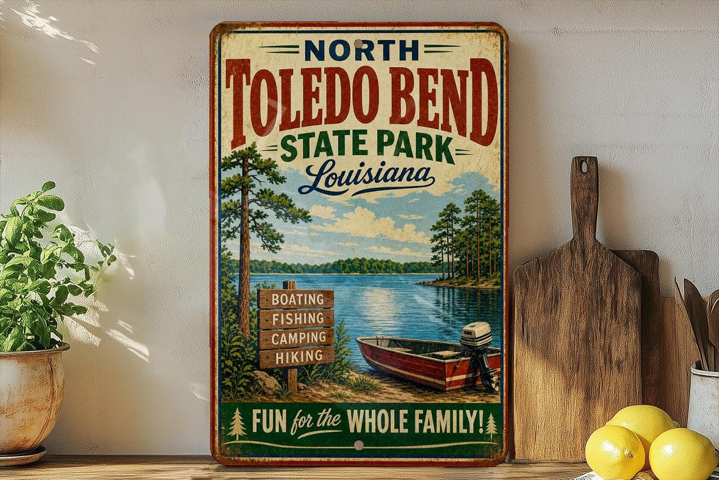 A vintage-style sign for North Toledo Bend State Park in Louisiana, featuring a scenic illustration of a lake, trees, and boats.