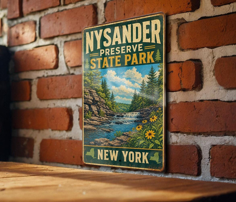 A vintage-style metal sign for the New York State Park, featuring a scenic landscape with a waterfall and flowers.