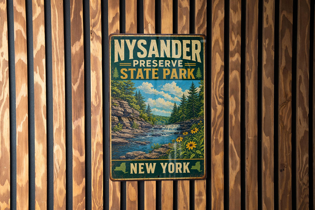 A vintage-style metal sign for Nysander Preserve State Park in New York, featuring a scenic landscape with a waterfall and pine trees.