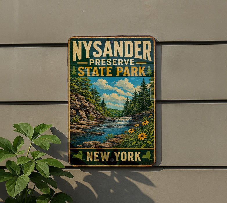 A vintage-style metal sign for Nysander Preserve State Park in New York, featuring a scenic landscape with a waterfall and pine trees.