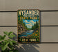 A vintage-style metal sign for Nysander Preserve State Park in New York, featuring a scenic landscape with a waterfall and pine trees.