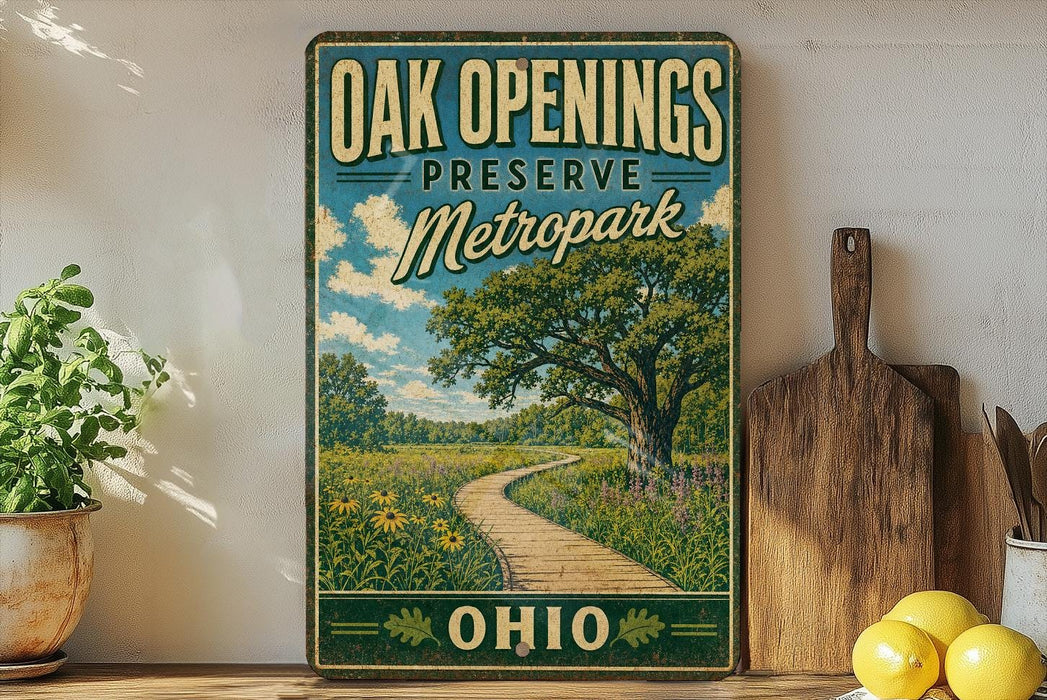 a vintage-style sign for Oak Openings Preserve Metropark, with a scenic landscape of a winding path surrounded by trees and flowers.