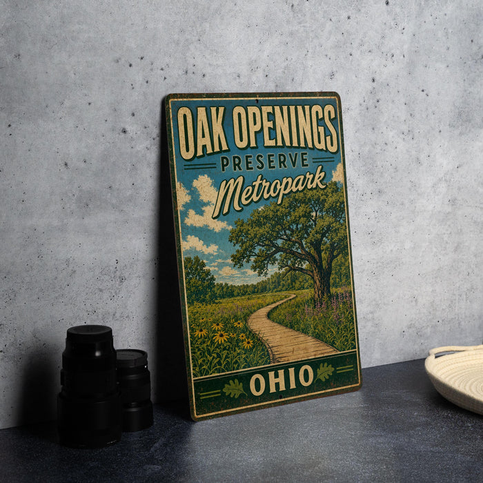 A vintage-style metal sign for Oak Openings Preserve Metropark in Ohio, featuring a scenic illustration of a path leading through a lush green landscape with trees and a blue sky.