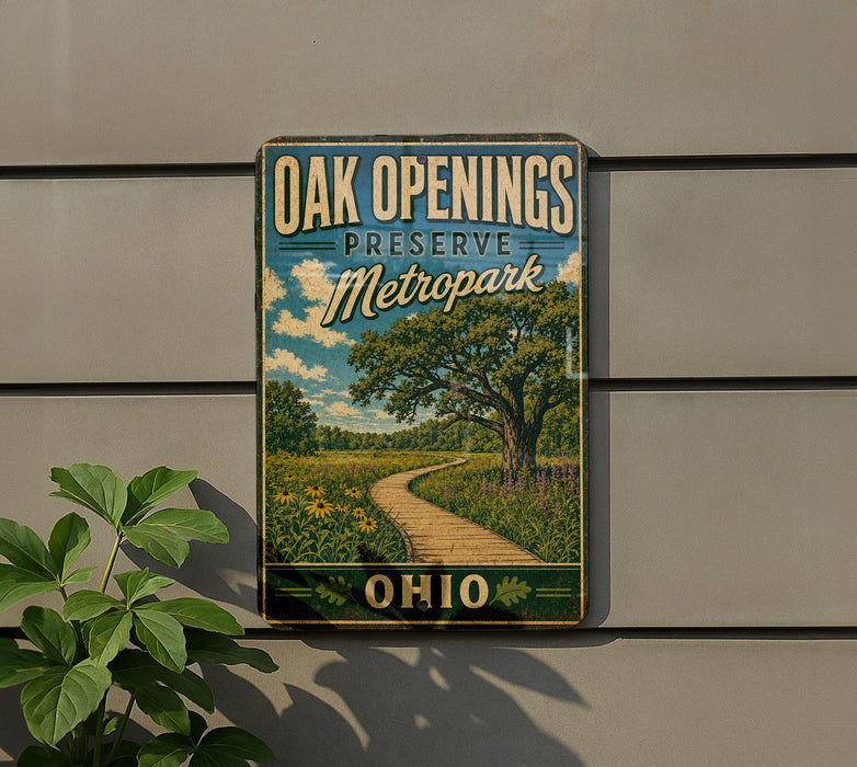 A vintage-style metal sign for Oak Openings Preserve Metropark, featuring a scenic landscape with a winding path and trees.