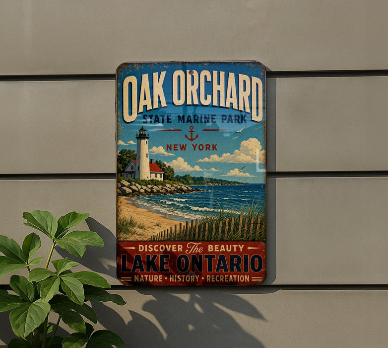A vintage-style metal sign for Oak Orchard State Marine Park in New York, featuring a lighthouse and a beach scene.