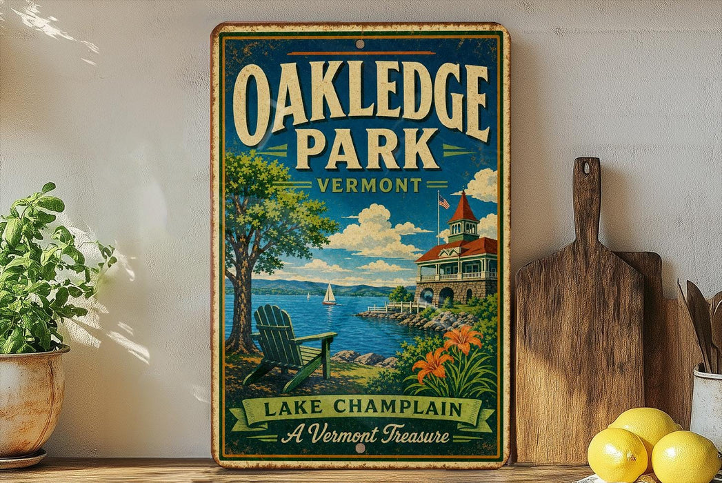 A vintage-style sign for Oakledge Park in Vermont, featuring a scenic lake and a building with a red roof.