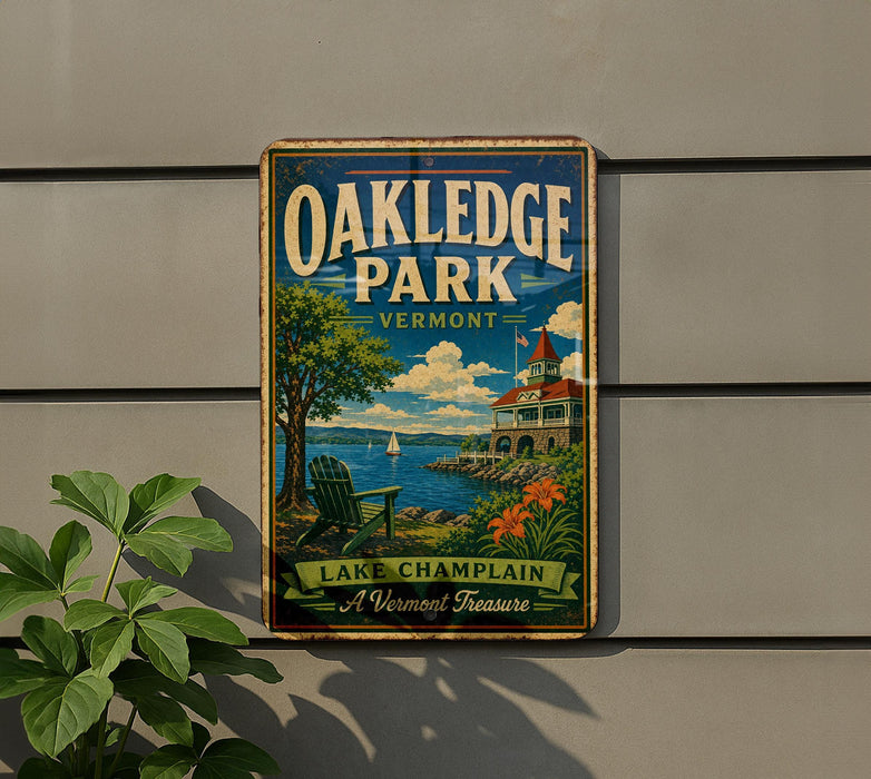 A vintage-style metal sign for Oakledge Park in Vermont, featuring a scenic lake view with a building and a sailboat.
