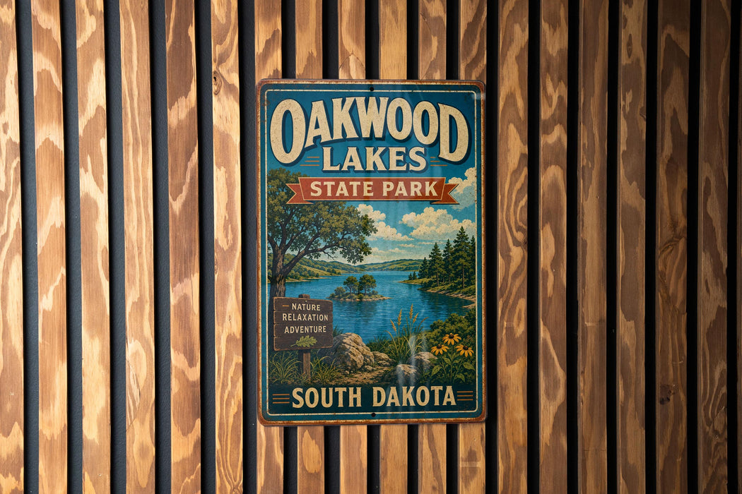 A vintage-style metal sign for Oakwood Lakes State Park in South Dakota, featuring a scenic landscape with a lake, trees, and mountains.