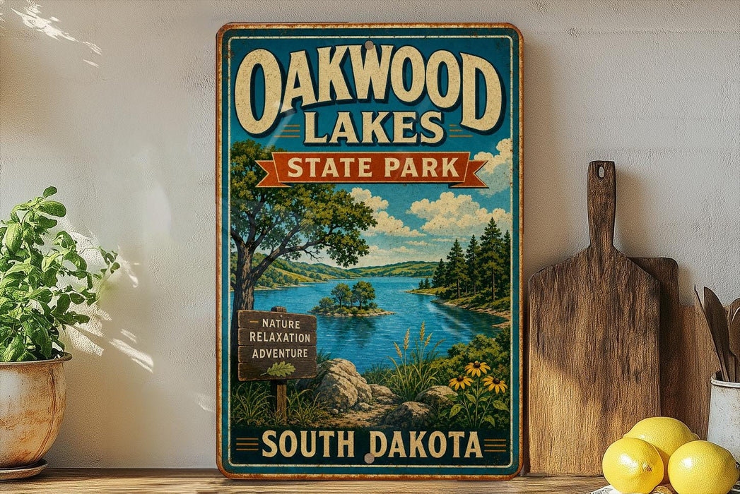 A vintage-style sign for Oakwood Lakes State Park in South Dakota, featuring a scenic landscape with a lake, trees, and mountains.