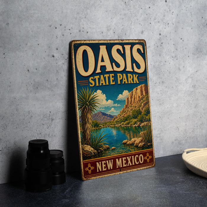 A vintage-style metal sign for Oasis State Park in New Mexico, featuring a scenic landscape with mountains, a lake, and palm trees.