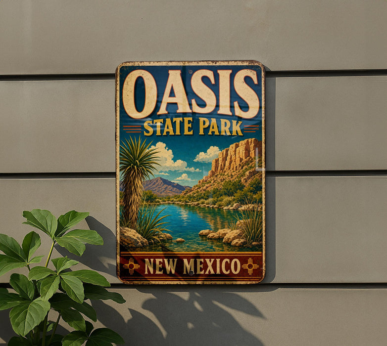 A vintage-style metal sign for Oasis State Park in New Mexico, featuring a scenic landscape with mountains, a river, and palm trees.