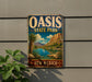 A vintage-style metal sign for Oasis State Park in New Mexico, featuring a scenic landscape with mountains, a river, and palm trees.
