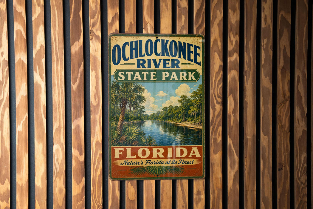 A vintage-style metal sign for Ochlockonee River State Park in Florida, featuring a tropical landscape with palm trees and a river.