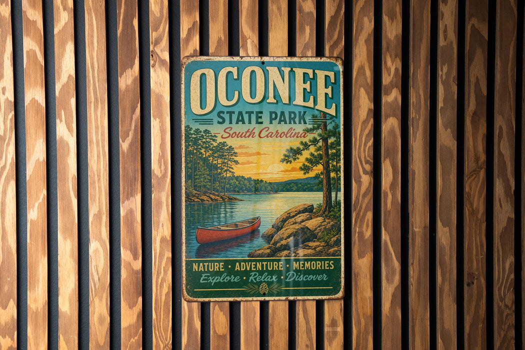 A vintage metal sign for Oconee State Park in South Carolina, featuring a scenic illustration of a lake, trees, and a red canoe.