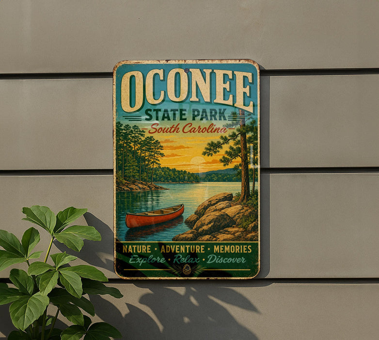 A vintage-style metal sign for Oconee State Park in South Carolina, featuring a scenic illustration of a lake, trees, and a canoe.