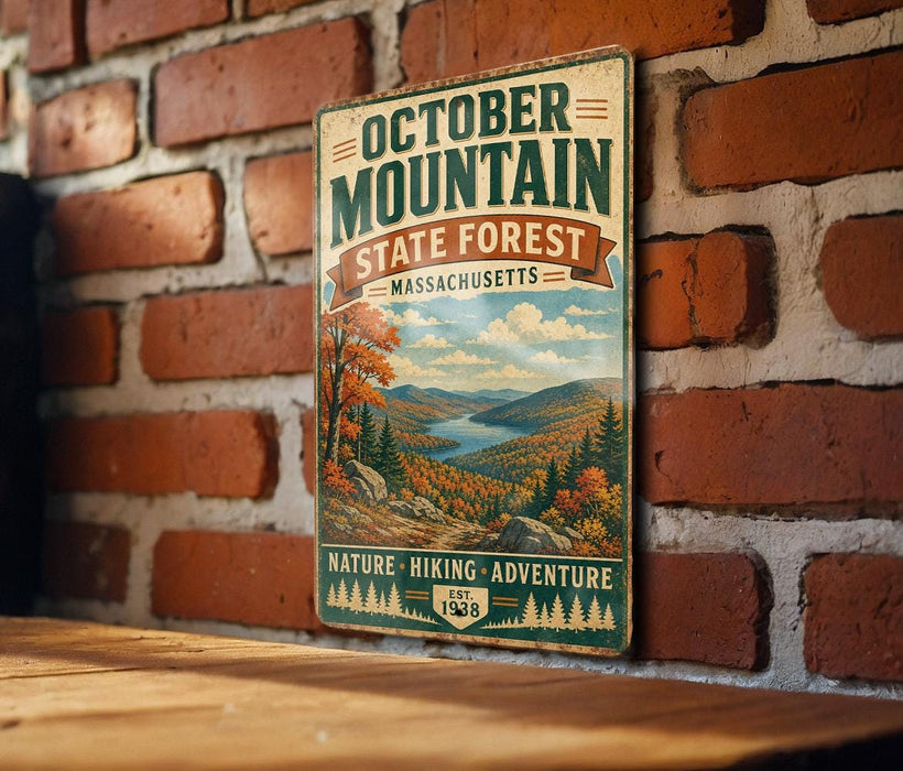 A vintage metal sign for October Mountain State Forest in Massachusetts, featuring a scenic landscape with mountains, trees, and a river.