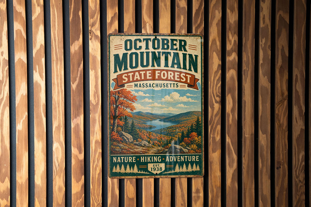 A vintage metal sign for October Mountain State Forest in Massachusetts, featuring a scenic landscape with mountains, trees, and a river.